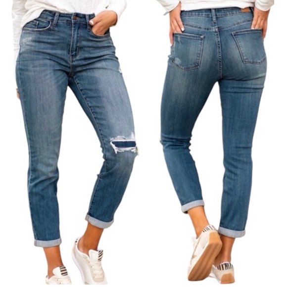 Judy Blue Denim - Judy Blue Boyfriend Fit Blue Jeans High Rise Distressed Size 1